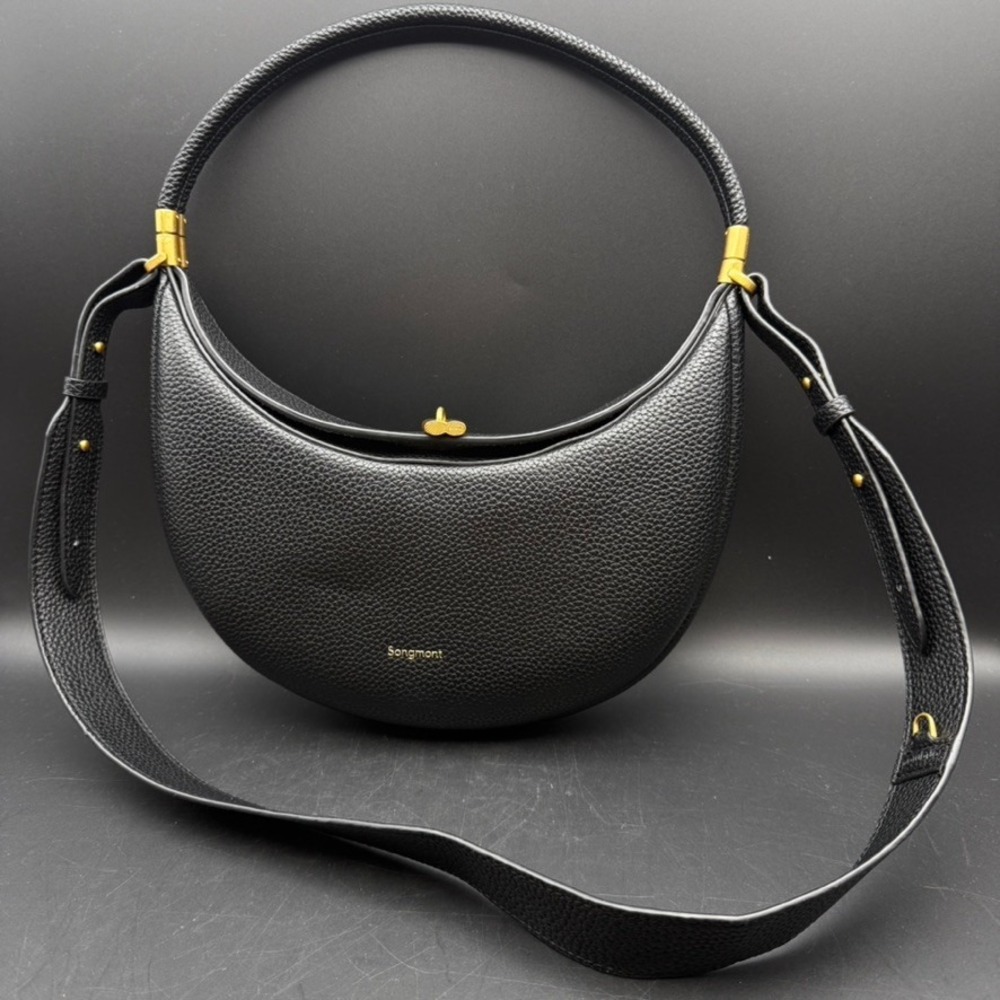 Songmont Luna Bag Med Women Black Pebbled Leather Convertible Shoulder Handbag